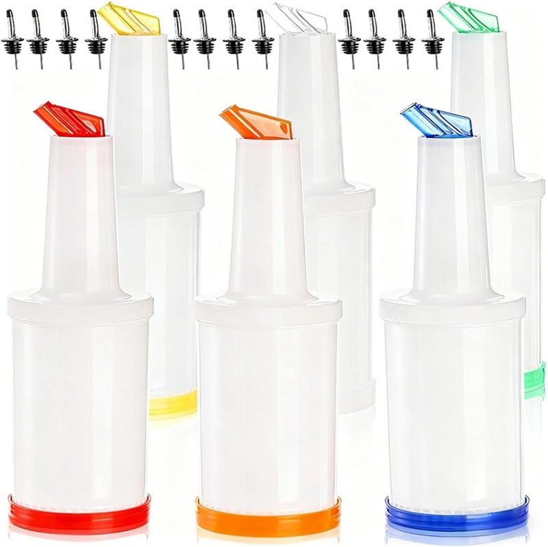 Tebery 6 Pack Plastic Juice Pour Bottles with 12 Stainless Steel Bottle Pourer, 34OZ Plastic Juice Dispensers for Bar Home Kitchen Party Supplies - Image 1